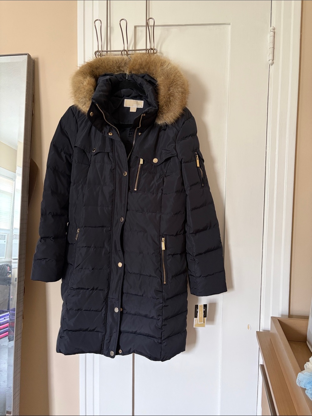 Women’s Black Down Parka Coat with Faux Fur Trim